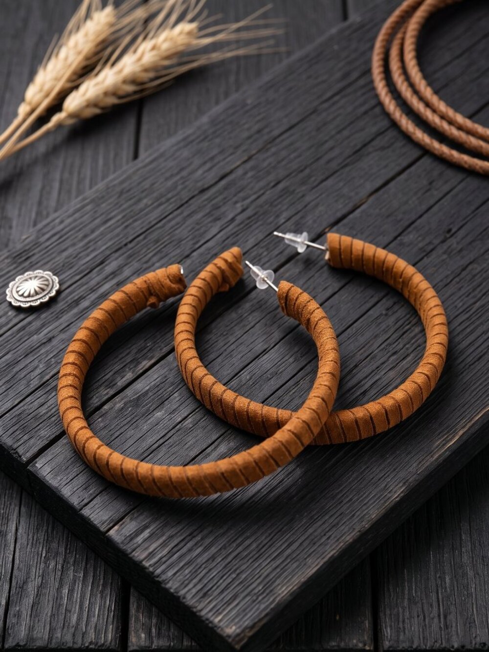 Terracotta Faux Suede Wrapped Large Hoop Earrings Boho Western Coastal 2.5"